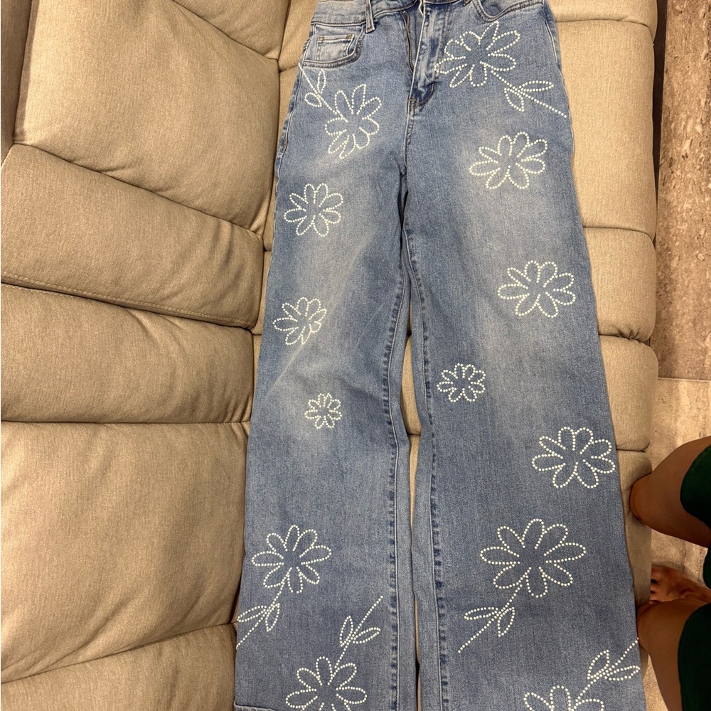 Embroidered Floral Wide Leg Jeans